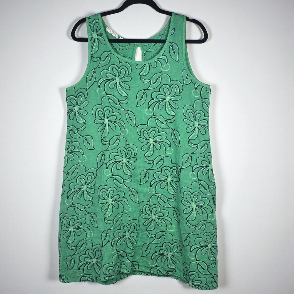 Vasna Green 100% Linen Floral Embroidered Shift Dress Woman Small Made in‎ Italy